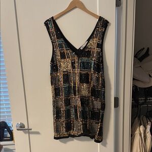 Zara Black and Gold Sequin Plaid Midi Dress